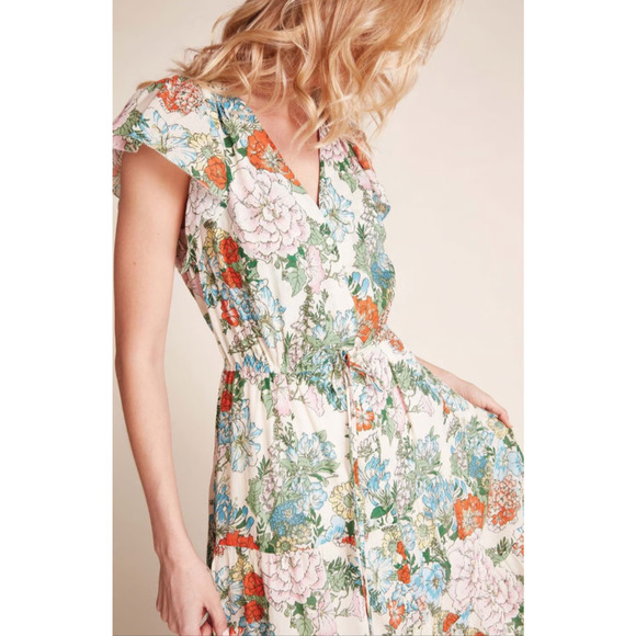 Trovata Birds of Paradis Floral Midi Dress L Ramie Cotton V-Neck Tiered Boho - Picture 9 of 9